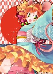 Rule 34 | 1girl, :d, ahoge, animal ears, artist name, beads, boots, bow, chamuri (chumriiism), chinese zodiac, green eyes, hair beads, hair bow, hair ornament, highres, japanese clothes, kimono, knee boots, mouse ears, new year, obi, open mouth, orange hair, original, personification, pink bow, pink footwear, pink ribbon, ribbon, sash, short hair, simple background, skirt, smile, solo, yellow skirt