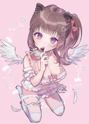Rule 34 | 1girl, animal ear piercing, animal ears, babydoll, blunt bangs, blush, bow, breasts, brown hair, candy, capybara ears, cleavage, closed mouth, commentary request, earrings, feathered wings, feathers, flower, food, frilled babydoll, frilled shorts, frills, full body, hair ornament, hairclip, heart, heart hair ornament, heart-shaped lollipop, high side ponytail, highres, holding, holding candy, holding food, holding lollipop, jewelry, kuzuhana, large breasts, lollipop, long hair, looking at viewer, medium bangs, nanashi inc., pink background, pink bow, pink eyes, pink shorts, seiza, shaped lollipop, shorts, sidelocks, sitting, smile, solo, stud earrings, thigh strap, thighhighs, virtual youtuber, white babydoll, white thighhighs, white wings, wings, yunohara izumi