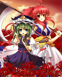 Rule 34 | 2girls, ahoge, blue eyes, breasts, cleavage, female focus, flower, green hair, grin, hair bobbles, hair ornament, hat, highres, large breasts, multiple girls, onozuka komachi, red eyes, red hair, rod of remorse, rokutelie, scythe, shiki eiki, short hair, smile, touhou, twintails, two side up