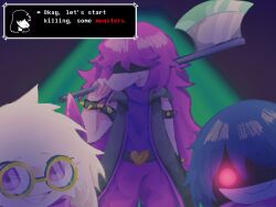 Rule 34 | 1boy, 1girl, 1other, alicezakat, animal ears, arm at side, armlet, artist name, axe, belt, belt buckle, black coat, blue hair, blurry, blurry background, body fur, bracelet, buckle, closed mouth, coat, colored skin, cowboy shot, deltarune, english text, fangs, flat chest, furry, furry female, furry male, glasses, glowing, glowing eye, goat boy, goat ears, green-framed eyewear, green background, grey skin, grin, hand up, happy, heart, highres, holding, holding axe, horns, jewelry, kris (deltarune), long hair, open clothes, open coat, open mouth, over shoulder, pants, pince-nez, pink hair, pink horns, pink pants, pink skin, purple eyes, purple shirt, raised eyebrows, ralsei, red eyes, round eyewear, shaded face, shirt, short hair, sidelocks, signature, sleeveless, sleeveless coat, sleeveless shirt, smile, snout, spiked armlet, spiked bracelet, spikes, susie (deltarune), talking, teeth, twitter username, very long hair, weapon, weapon over shoulder, white fur