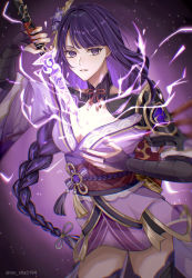 Rule 34 | 1girl, armor, braid, breasts, bridal gauntlets, cleavage, commentary request, electricity, energy sword, floral print, flower, genshin impact, hair ornament, highres, holding, holding sword, holding weapon, human scabbard, japanese clothes, kimono, large breasts, light particles, long hair, long sleeves, looking at viewer, mitsudomoe (shape), mole, mole under eye, moshasha415, nail polish, obi, obiage, obijime, open mouth, purple background, purple eyes, purple flower, purple hair, purple nails, raiden shogun, ribbon, sash, shoulder armor, simple background, solo, sword, tassel, thighhighs, tomoe (symbol), weapon, wide sleeves