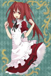 Rule 34 | 1girl, dress, kintaro, long hair, maid, no legs, open mouth, original, red eyes, red hair, solo, twintails
