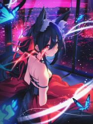 Rule 34 | 1girl, animal ears, back, black hair, breasts, bug, building, butterfly, dress, electricity, glowing, glowing eye, highres, insect, looking back, medium breasts, night, nozomi (the0neulost), original, red dress, red eyes, serious, sitting, the0neulost