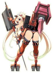 Rule 34 | 1girl, ass, blonde hair, elbow gloves, full body, gloves, holding, holding weapon, hydraulic breaker (ole tower), leaning forward, long hair, looking at viewer, looking back, official art, ole tower, orange gloves, orange thighhighs, solo, standing, thighhighs, transparent background, twintails, very long hair, weapon