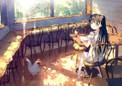 Rule 34 | 1girl, bad id, bad pixiv id, bird, blush, book, brown eyes, brown hair, chair, chicken, commentary request, cup, dappled sunlight, derivative work, dress, drinking glass, drinking straw, hand on table, highres, kiriko (araragikoyomi), long hair, looking at viewer, looking back, on chair, open book, parted lips, puffy short sleeves, puffy sleeves, rooster, shadow, short sleeves, sitting, smile, solo, summer, sunlight, table, tree, two side up, window