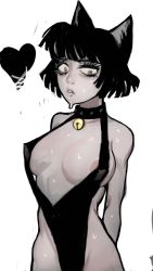 Rule 34 | 1girl, animal ears, areola slip, arms behind back, bell, black dress, black hair, breasts, cat collar, cat ears, covered erect nipples, creepy susie, dress, goth fashion, heart, highres, jingle bell, lips, mossacannibalis, neck bell, short hair, small breasts, solo, swimsuit, the oblongs