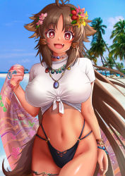 Rule 34 | 1girl, animal ears, antenna hair, b-pang, beach, blush, breasts, brown eyes, brown hair, dark-skinned female, dark skin, day, female focus, flower, hair flower, hair ornament, highres, jewelry, kaori (princess connect!), large breasts, long hair, looking at viewer, navel, necklace, open mouth, outdoors, princess connect!, smile, solo, tail, tan, very long hair