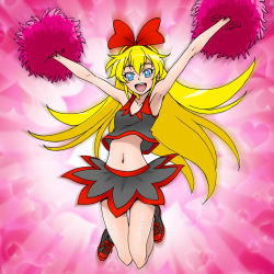 Rule 34 | 1girl, :d, arms up, blonde hair, blue eyes, bow, cheerleader, dokidoki! precure, eunos, full body, gradient background, grey skirt, hair bow, hairband, happy, jumping, long hair, midriff, navel, open mouth, pom pom (cheerleading), precure, red bow, regina (dokidoki! precure), shirt, shoes, skirt, sleeveless, sleeveless shirt, smile, solo