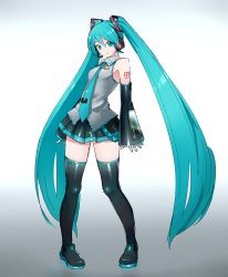 Rule 34 | 1girl, absurdres, aqua eyes, aqua hair, aqua nails, aqua necktie, arm tattoo, bad id, bad pixiv id, bare shoulders, black skirt, black sleeves, black thighhighs, boots, closed mouth, collared shirt, commentary, contrapposto, derivative work, detached sleeves, frills, full body, gradient background, grey background, grey shirt, hair ornament, hatsune miku, headphones, headset, highres, lavie (bansheestrikes), long hair, looking at viewer, miniskirt, nail polish, necktie, piano print, pleated skirt, shirt, shoulder tattoo, skirt, sleeveless, sleeveless shirt, smile, solo, standing, tattoo, thigh boots, thighhighs, thighs, tie clip, twintails, very long hair, vocaloid, vocaloid boxart pose, zettai ryouiki