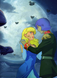 Rule 34 | 1boy, 1girl, aircraft, airplane, blonde hair, blue dress, blue eyes, blue gloves, cloud, dopp, dress, earrings, elbow gloves, eye contact, from side, full moon, garma zabi, gaw (gundam), gloves, gradient background, green eyes, gundam, hetero, holding hands, icelina eschonbach, interlocked fingers, jewelry, lipstick, long hair, looking at another, makeup, military, military uniform, mobile suit gundam, moon, necklace, night, night sky, official art, outdoors, parted lips, purple hair, red lips, sky, standing, uniform