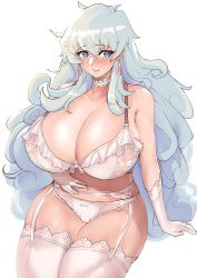 Rule 34 | 1girl, absurdres, alternate breast size, arm support, bare shoulders, blue eyes, blush, bra, bra strap, breasts, choker, cleavage, collarbone, commission, cross-shaped pupils, curly hair, curvy, earrings, female focus, garter belt, garter straps, gloves, hair between eyes, hand on own stomach, highres, huge breasts, jewelry, lace, lace-trimmed bra, lace-trimmed choker, lace-trimmed gloves, lace-trimmed legwear, lace-trimmed panties, lace trim, lingerie, lips, long hair, looking at viewer, mature female, navel, nia teppelin, panties, puzenketsu, shadow, shiny skin, sidelocks, silver hair, simple background, sitting, skindentation, solo, symbol-shaped pupils, tengen toppa gurren lagann, thick thighs, thighhighs, thighs, underwear, underwear only, very long hair, white background, white bra, white gloves, white panties, white thighhighs