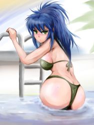 Rule 34 | 1girl, ass, bikini, blue hair, blush, breasts, butt crack, climbing, dew (dewichi), earrings, embarrassed, from behind, green eyes, huge ass, jewelry, leona heidern, long hair, looking at viewer, looking back, ponytail, pool, pool ladder, sideboob, solo, swimsuit, the king of fighters, wet