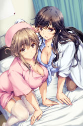Rule 34 | 2girls, :d, akagi mio, all fours, amagi ryou, black hair, blush, boku to kanojo (joi) no shinsatsu nisshi, boku to nurse no kenshuu nisshi, breasts, brown eyes, brown hair, cleavage, collared dress, collared shirt, doctor, dress, garter straps, hand up, head tilt, highres, holding, indoors, jewelry, lab coat, large breasts, long hair, looking at viewer, mole, mole on breast, monety, multiple girls, nail polish, necklace, nurse, official art, on bed, open mouth, pantyhose, parted bangs, pink dress, pink nails, shirt, sidelocks, smile, thighhighs, tied shirt, wavy hair, white legwear