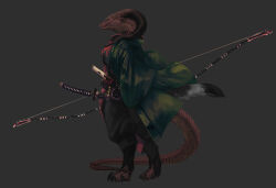 Rule 34 | 1girl, black pants, bow (weapon), breasts, coat, dragon, dragon girl, from side, full body, furry, furry female, green coat, grey background, kmbk, looking away, medium breasts, multiple swords, original, pants, profile, red tabard, simple background, solo, standing, tabard, toeless footwear, weapon