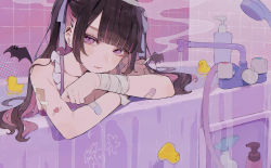 Rule 34 | 1girl, absurdres, bandaged arm, bandages, bandaid, bandaid on arm, bare shoulders, bathing, bathroom, bathtub, black wings, blunt bangs, breasts, brown hair, cigarette, cleavage, closed mouth, clothed bath, collarbone, commentary request, detached wings, ear piercing, expressionless, faucet, frills, hamunezuko (nezukonezu32), highres, holding, holding cigarette, indoors, long hair, looking at viewer, mole, mole under eye, multicolored hair, original, overflowing, overflowing bath, partially submerged, piercing, purple eyes, purple hair, rubber duck, signature, smoke, soap bottle, solo, streaked hair, tile wall, tiles, twintails, two-tone hair, upper body, water, wings