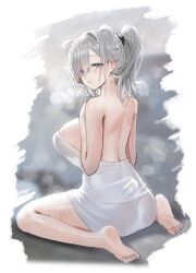 Rule 34 | 1girl, animal ears, arknights, ass, aurora (arknights), bare back, bare shoulders, barefoot, bear ears, blue eyes, breasts, commentary request, grey hair, highres, horn/wood, large breasts, looking at viewer, medium hair, naked towel, parted lips, ponytail, sitting, solo, thighs, towel, wariza