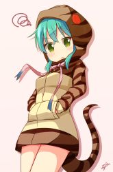 Rule 34 | &gt;:(, 10s, 1girl, aqua hair, beige background, blue ribbon, blush, bow, closed mouth, commentary request, cowboy shot, gradient ribbon, green eyes, hair between eyes, hands in pockets, highres, hood, hood up, hoodie, kemono friends, long sleeves, looking at viewer, minazuki mizu, pink bow, pink ribbon, ribbon, signature, simple background, snake tail, solo, squiggle, striped clothes, striped hoodie, striped tail, tail, tsuchinoko (kemono friends), v-shaped eyebrows
