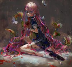 Rule 34 | 1girl, black dress, black footwear, blood, blood on face, blood on ground, blood on leg, blue eyes, bug, butterfly, closed mouth, commentary request, dress, earrings, eyepatch, full body, grey background, highres, insect, jewelry, kneeling, long hair, looking at viewer, medical eyepatch, multicolored hair, one eye covered, original, pink hair, plant, puffy short sleeves, puffy sleeves, purple hair, shoes, short sleeves, socks, solo, thigh strap, uokawa, venus flytrap, very long hair, white butterfly, white socks