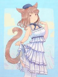 Rule 34 | 1girl, animal ears, blue background, bow, breasts, brown eyes, brown hair, cat ears, cat tail, choker, cleavage, clothes lift, dress, dress lift, facial mark, final fantasy, final fantasy xiv, frilled dress, frills, hat, highres, lifted by self, medium breasts, miqo&#039;te, mozuku (mozuuru0323), pointing, pointing at self, ribbon choker, short hair, smile, solo, standing, tail, thighhighs, white dress