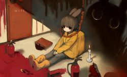 Rule 34 | 1girl, ambiguous red liquid, black hair, book, candle, child, coat, demon, expressionless, female focus, fire extinguisher, highres, knife, noose, on ground, original, pantyhose, shadow, shirokujira, silhouette demon, sitting, yellow coat, yellow footwear