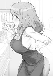 Rule 34 | 1girl, absurdres, apron, blush, couch, dorontabi, eyelashes, girls und panzer, greyscale, highres, kitchen, long hair, long sleeves, monochrome, pants, plate, shirt, solo, stove, takebe saori, tasting, tasting plate