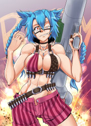 Rule 34 | 1girl, alternate hair color, blue hair, braid, breasts, cleavage, cosplay, glasses, gun, highres, jinx (league of legends), jinx (league of legends) (cosplay), kantai collection, league of legends, midriff, musashi (kancolle), nattawut ruckkuchai, navel, shorts, solo, toned, twin braids, unbuttoned, weapon