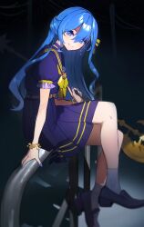 Rule 34 | 1girl, bardiche (weapon), belt, black footwear, blue eyes, blue hair, blue nails, bow, bowtie, choker, crossed legs, earrings, evil smile, grey socks, hair between eyes, half updo, high-waist skirt, highres, holding, holding weapon, hololive, hoshimachi suisei, hoshimachi suisei (school uniform), jewelry, loafers, long hair, looking at viewer, miniskirt, night, night sky, official alternate costume, official alternate hairstyle, pleated skirt, polearm, potepotechi, puffy short sleeves, puffy sleeves, purple choker, purple sailor collar, purple shirt, purple skirt, sailor collar, school uniform, shirt, shoes, short sleeves, sitting, skirt, sky, smile, socks, solo, star (symbol), utility pole, virtual youtuber, weapon, yellow belt, yellow bow, yellow bowtie