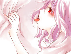 Rule 34 | 1girl, bed sheet, blush, empty eyes, female focus, from side, long hair, looking up, pink hair, profile, red eyes, remilia scarlet, saia (mafoi), sheet grab, short sleeves, sketch, solo, tongue, tongue out, touhou, upper body
