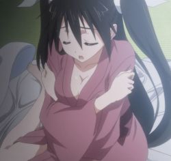 Rule 34 | 1girl, barefoot, black hair, breasts, cleavage, cold, closed eyes, mayo chiki!, screencap, solo, suzutsuki kanade, twintails