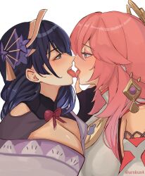 Rule 34 | 2girls, absurdres, animal ears, arnkun, black hair, blush, breast press, breasts, bridal gauntlets, cleavage, commentary, fox ears, french kiss, genshin impact, hand on another&#039;s face, highres, japanese clothes, kimono, kiss, large breasts, long hair, mole, mole under eye, multiple girls, noses touching, pink hair, purple eyes, purple kimono, purple nails, raiden shogun, simple background, symmetrical docking, tongue, tongue out, upper body, white background, yae miko, yuri
