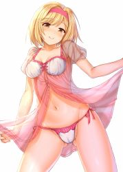 Rule 34 | 10s, 1girl, aldehyde, alternate costume, babydoll, blonde hair, breasts, cameltoe, camisole, camisole lift, cleavage, clothes lift, djeeta (granblue fantasy), gluteal fold, granblue fantasy, hairband, lingerie, looking at viewer, medium breasts, navel, open clothes, panties, parted lips, partially visible vulva, puffy short sleeves, puffy sleeves, pussy juice, see-through, short hair, short sleeves, side-tie panties, simple background, smile, solo, standing, swept bangs, thighs, underwear, white background, white panties, yellow eyes