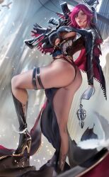 Rule 34 | 1girl, artist name, ass, black footwear, boots, breasts, chain, cross-laced clothes, cross-laced dress, dress, feathers, foot out of frame, genshin impact, gloves, gun, habit, high heel boots, high heels, highres, holding, holding gun, holding weapon, knee boots, large breasts, latex, latex dress, legs, pelvic curtain, purple eyes, purple hair, rached, rifle, rosaria (genshin impact), sideboob, solo, thigh strap, weapon, white gloves
