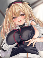 Rule 34 | 1girl, beret, blush, breasts, commentary request, gloves, hand on own chest, hat, heterochromia, kantai collection, kasashi (kasasi008), large breasts, light brown hair, long hair, looking at viewer, murasame (kancolle), murasame kai ni (kancolle), open mouth, red eyes, solo, white gloves, yellow eyes