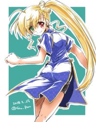 Rule 34 | 1girl, aged up, alternate hairstyle, ass, black shorts, blonde hair, blue dress, china dress, chinese clothes, closed mouth, cowboy shot, dated, dress, from behind, green background, green eyes, hair bun, heterochromia, long hair, looking at viewer, looking back, lyrical nanoha, mahou shoujo lyrical nanoha vivid, outside border, red eyes, san-pon, short sleeves, shorts, shorts under dress, side ponytail, side slit, single hair bun, smile, solo, standing, twitter username, very long hair, vivio