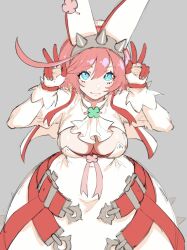 Rule 34 | 1girl, animal ears, blue eyes, breasts, cleavage, cleavage cutout, clothing cutout, dress, elphelt valentine, fake animal ears, frills, guilty gear, guilty gear xrd, highres, kuangren k, large breasts, pink hair, rabbit ears, short hair, solo, v, wedding dress