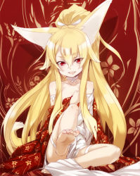 Rule 34 | 1girl, animal ears, bare shoulders, barefoot, blonde hair, bunbun, choker, face, feet, foot focus, fox ears, fox tail, legs, long hair, original, outstretched leg, ponytail, red eyes, smile, soles, solo, tail, toes