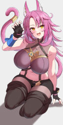 Rule 34 | 1girl, absurdres, animal ear fluff, animal ears, boots, breasts, cat ears, cat tail, duel monster, fingerless gloves, gloves, goggles, hand up, highres, kirikan (cokekiri), kneeling, large breasts, long hair, midriff, navel, open mouth, pink hair, skirt, solo, tail, tail ornament, tail ring, thigh boots, tri-brigade ferrijit the barren blossom, yellow eyes, yu-gi-oh!