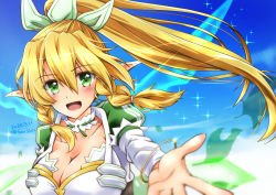 Rule 34 | 1girl, artist name, blonde hair, blush, bow, braid, breasts, choker, cleavage, commentary request, dated, fairy wings, green eyes, hair between eyes, hair bow, highres, large breasts, leafa, long hair, looking at viewer, open mouth, outstretched arm, pointy ears, ponytail, san-pon, sidelocks, solo, sparkle, sword art online, twin braids, wings