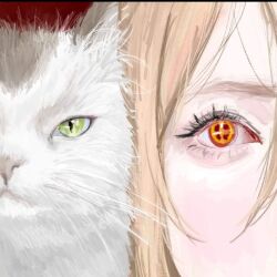Rule 34 | 1girl, animal, blonde hair, cat, chainsaw man, close-up, cross-shaped pupils, eyelashes, ghosty, meowy (chainsaw man), pale skin, power (chainsaw man), red background, red eyes, simple background, symbol-shaped pupils, whiskers