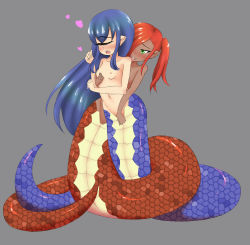 Rule 34 | 2girls, blue hair, grabbing another&#039;s breast, breasts, cyclops, grabbing, highres, ktarl, lamia, monster girl, multiple girls, nipples, nude, one-eyed, red hair, small breasts, yuri