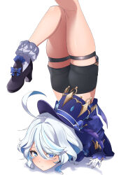 Rule 34 | 1girl, absurdres, ahoge, ass, black footwear, black shorts, blue coat, blue eyes, blue hair, blue hat, blush, closed mouth, coat, commentary request, eru (l illust45), furina (genshin impact), furrowed brow, genshin impact, gloves, hair between eyes, hat, heterochromia, highres, kodona, lolita fashion, looking at viewer, mismatched pupils, multicolored hair, short hair, shorts, simple background, solo, streaked hair, thigh strap, top-down bottom-up, top hat, white background, white gloves, white hair