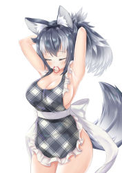 Rule 34 | 1girl, absurdres, alternate hairstyle, animal ear fluff, animal ears, apron, armpits, black hair, blush, breasts, cleavage, collarbone, commentary, commentary request, closed eyes, grey wolf (kemono friends), highres, holding, kemono friends, large breasts, long hair, multicolored hair, naked apron, ponytail, sideboob, simple background, solo, tail, two-tone hair, white background, white hair, wolf ears, wolf girl, wolf tail, yeo arin