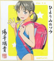 Rule 34 | 1girl, backpack, bag, blue one-piece swimsuit, blush, commentary request, flat chest, grey eyes, grey hair, hiyori mizuki, looking at viewer, marker (medium), one-piece swimsuit, open mouth, original, randoseru, red bag, school swimsuit, shikishi, short hair, short twintails, smile, solo, swimsuit, traditional media, twintails, upper body