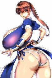 Rule 34 | 1girl, ass, breasts, brown hair, cleavage, clenched hand, curvy, dead or alive, from behind, highleg, highleg panties, highres, huge ass, huge breasts, judge (oekaki), kasumi (doa), long hair, looking at viewer, looking back, ninja, panties, pelvic curtain, ponytail, short sleeves, skindentation, solo, sword, thong, underwear, weapon, wide hips