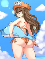 Rule 34 | 1girl, arc system works, ass, ass focus, bare shoulders, bikini, blush, breasts, brown hair, cougar (cougar1404), dolphin, from behind, guilty gear, hat, huge ass, long hair, looking at viewer, may (guilty gear), pirate, pirate hat, sideboob, skull and crossbones, small breasts, smile, solo, stuffed animal, stuffed toy, swimsuit, very long hair, wedgie, yellow eyes