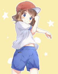 Rule 34 | &gt;:), 1girl, baseball cap, blue eyes, blue shorts, blush, brown background, brown hair, brown hat, closed mouth, commentary request, cross-body stretch, gym shirt, gym shorts, gym uniform, hat, highres, idolmaster, idolmaster million live!, navel, outline, shirt, short shorts, short sleeves, shorts, smile, solo, standing, star (symbol), stretching, suou momoko, toma (shinozaki), v-shaped eyebrows, white outline, white shirt