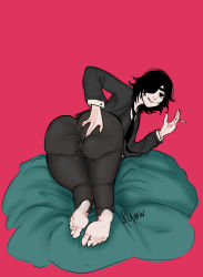Rule 34 | 1girl, anus, black jacket, black legwear, cameltoe, chainsaw man, cleft of venus, doggystyle, eyepatch, feet, highres, himeno (chainsaw man), jacket, presenting, self-upload, sex, sex from behind, short hair, simple background, solo