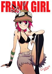 Rule 34 | 1girl, 2020, arrow (projectile), artist name, bikini, bikini top only, black bikini, black eyes, black gloves, black legwear, blush, breasts, cleavage, colo (nagrolaz), cosplay, cutoffs, english text, female focus, fingerless gloves, foster&#039;s home for imaginary friends, frankie foster, gloves, goggles, goggles on headwear, hat, highres, invisible chair, knife, leg up, looking at viewer, medium breasts, medium hair, midriff, pink hair, pun, shorts, simple background, sitting, smile, solo, swimsuit, tank girl, tank girl (character), tank girl (character) (cosplay), watermark, white background, white shorts