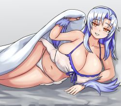 Rule 34 | 1girl, bed sheet, blue hair, breasts, cleavage, come hither, commentary, commission, covered erect nipples, elbow rest, grin, groin, highres, huge breasts, kikimora (monster girl encyclopedia), long hair, lying, monster girl encyclopedia, nav (itsnav), navel, nightgown, on bed, on side, orange eyes, panties, parted bangs, shortstack, smile, solo, underwear, white panties, wide hips