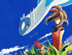 Rule 34 | 1girl, bad id, bad pixiv id, blue sky, brown eyes, brown hair, cloud, creatures (company), day, flower, frown, game freak, gen 3 pokemon, grass, hairband, latios, legendary pokemon, long hair, looking at viewer, may (pokemon), nintendo, pink flower, pokemon, pokemon (creature), pokemon oras, red flower, red hairband, red shirt, shirt, sky, tanbo-san, tank top